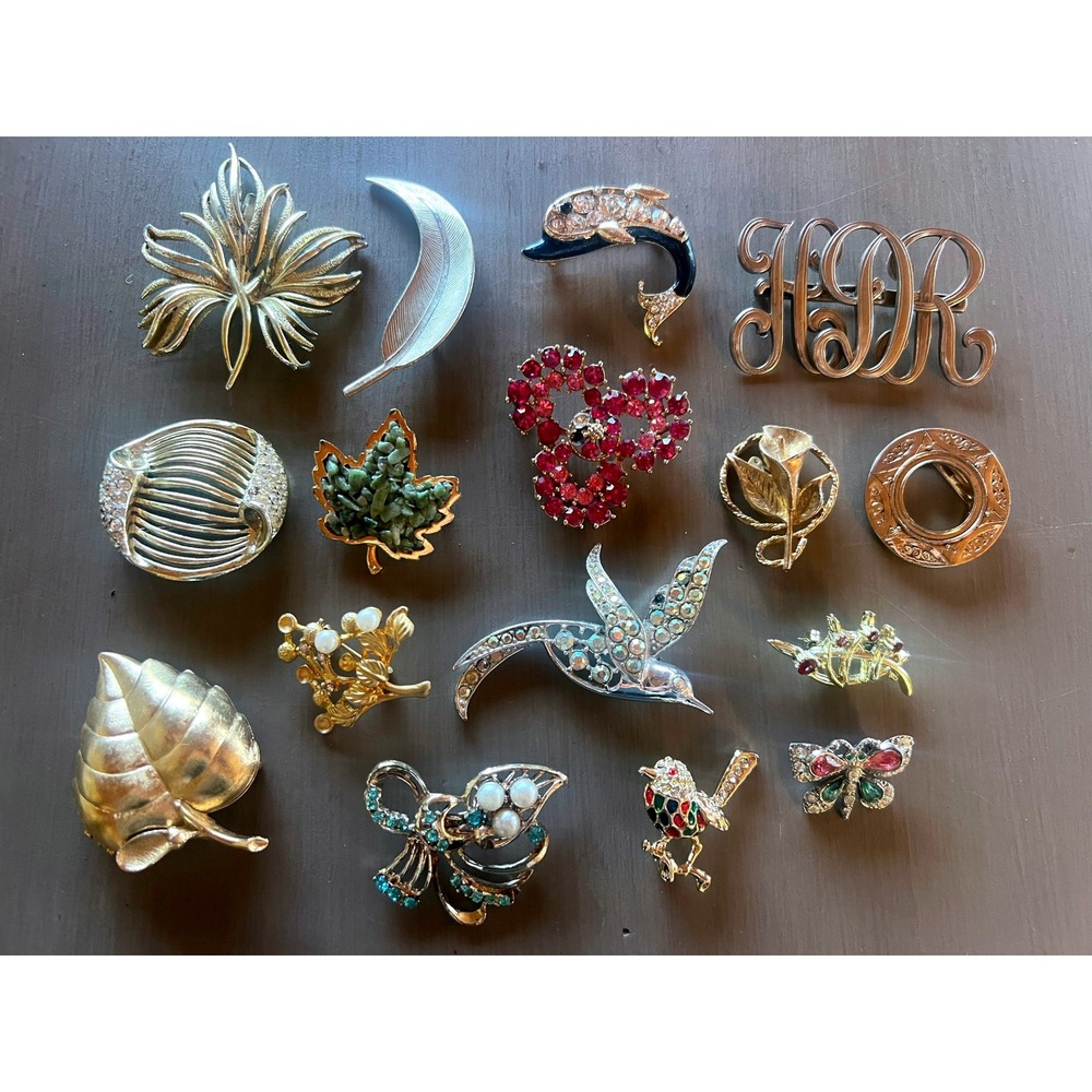 Vintage Brooch Lot Rhinestone Floral Bird Shell Leaf Monogram Pins Jewelry
